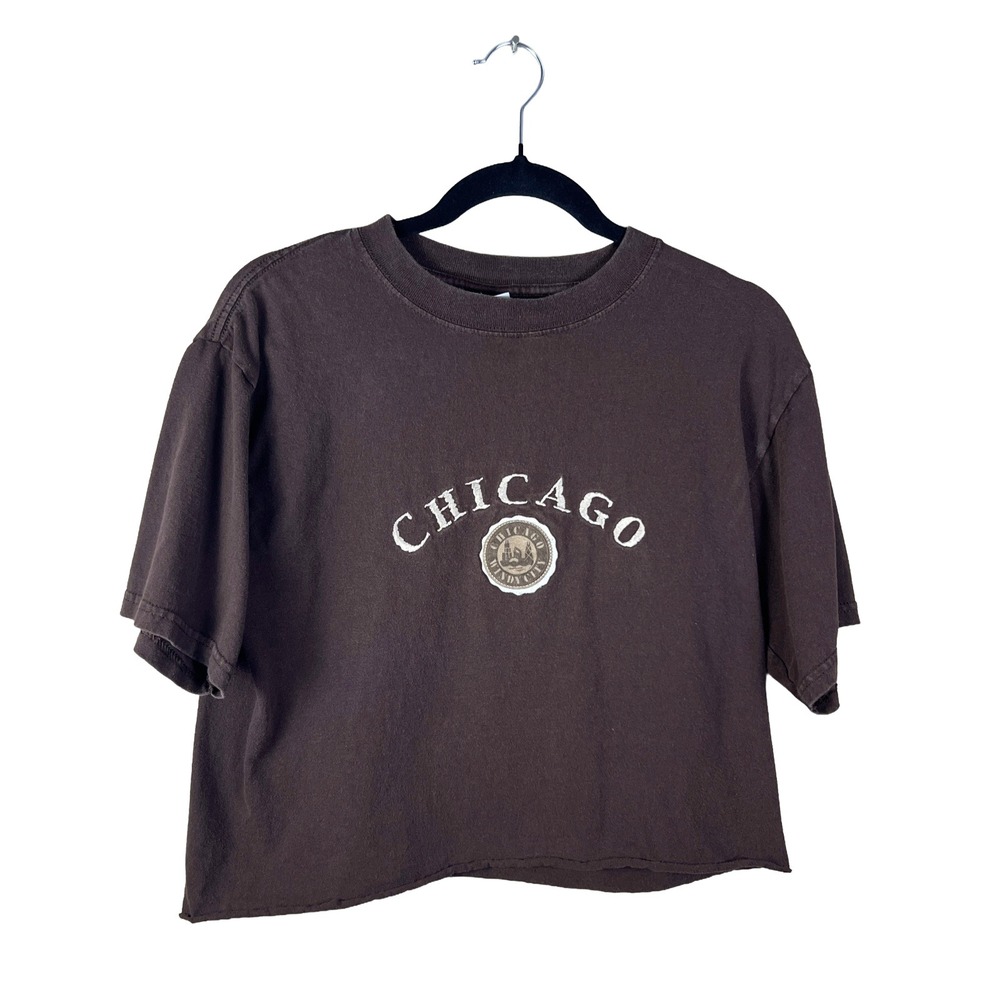 Y2K Vintage Anvil Chicago Cropped T-Shirt‎ Unisex Medium Brown Streetwear